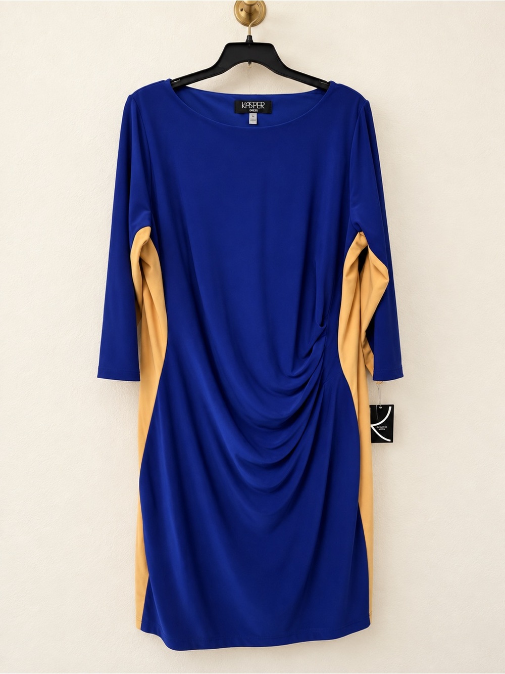 Kasper Royal Blue and Mustard Side-Panel Draped Long-Sleeve Dress